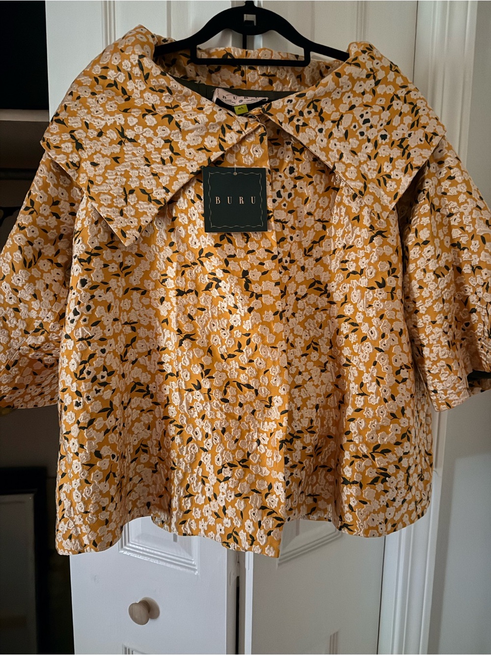 BURU Yellow Brocade Floral Point Collar Oversize 3/4 Sleeve Car Coat NWT Sz M/L